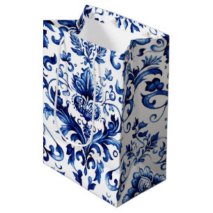 Blue and white Delft style floral ornament pattern Medium Gift Bag