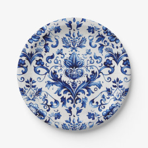 Blue and white Delft style floral ornament pattern Paper Plate
