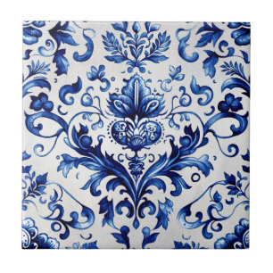 Blue and white Delft style floral ornament pattern Tile