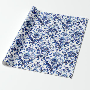 Blue and white Delft style floral ornament pattern Wrapping Paper