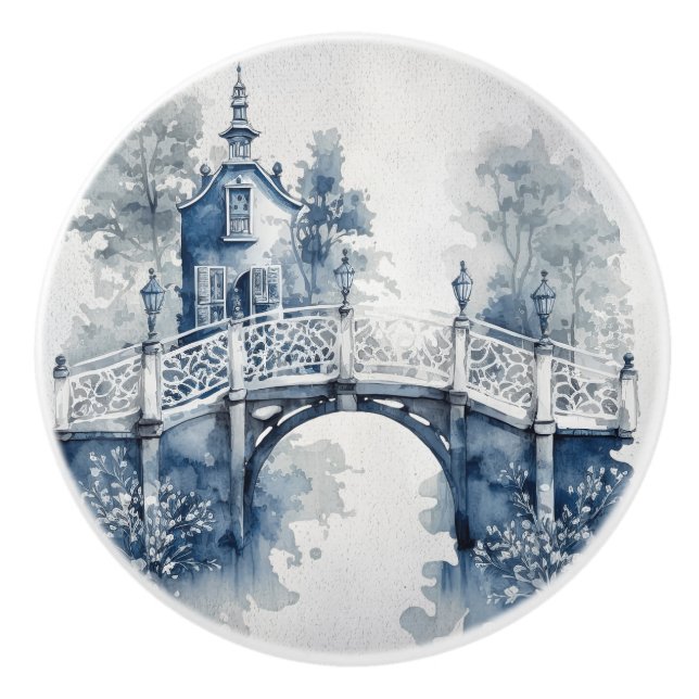 Blue and white Delft style landscape  Ceramic Knob (Front)