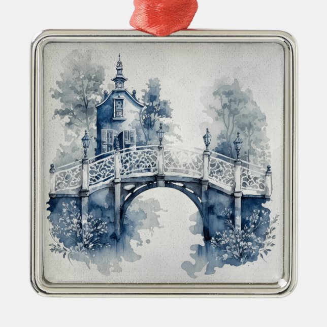 Blue and white Delft style landscape  Metal Ornament (Front)