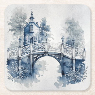 Blue and white Delft style landscape  Square Paper Coaster