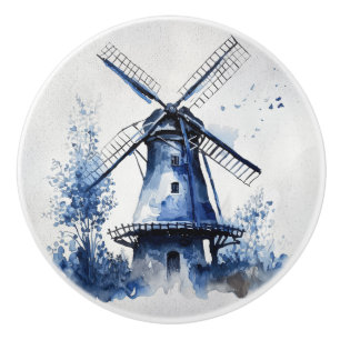 Blue and white Delft style landscape with windmill Ceramic Knob