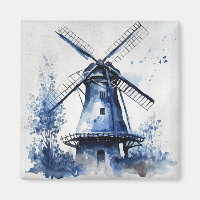 Blue and white Delft style landscape with windmill