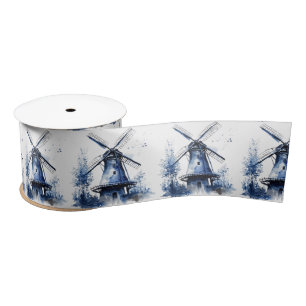 Blue and white Delft style landscape with windmill Satin Ribbon