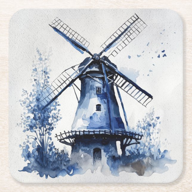 Blue and white Delft style landscape with windmill Square Paper Coaster (Front)