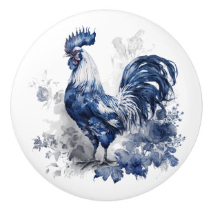 Blue and white Delft style rooster with flowers Ceramic Knob