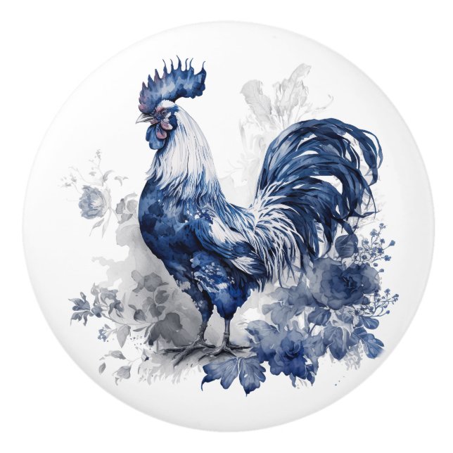Blue and white Delft style rooster with flowers Ceramic Knob (Front)