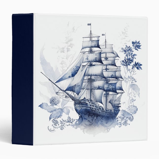 Blue and white Delft style sailing ship in the sea Binder (Front/Spine)