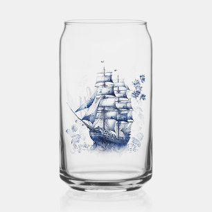 Blue and white Delft style sailing ship in the sea Can Glass