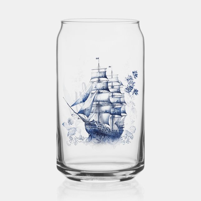 Blue and white Delft style sailing ship in the sea Can Glass (Front)
