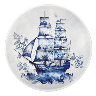 Blue and white Delft style sailing ship in the sea Ceramic Knob
