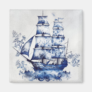 Blue and white Delft style sailing ship in the sea Magnet