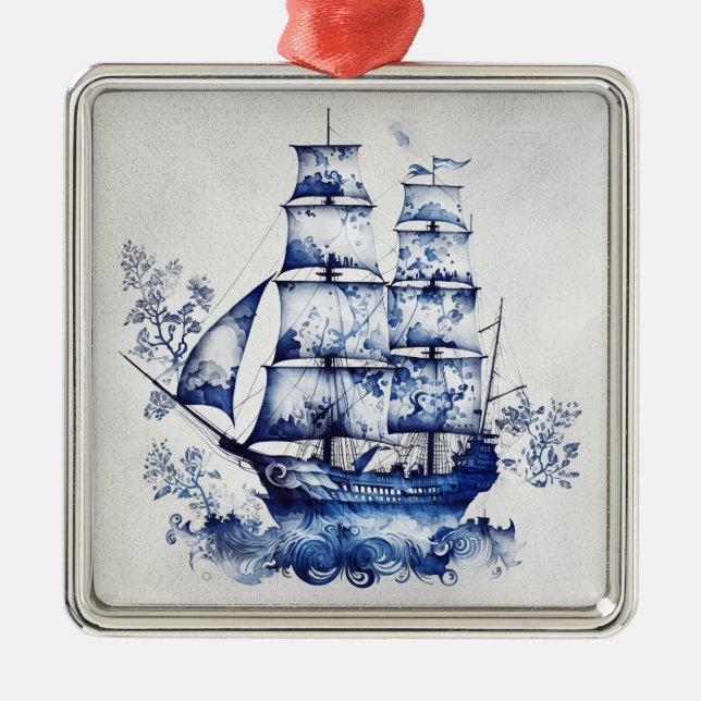 Blue and white Delft style sailing ship in the sea Metal Ornament (Front)