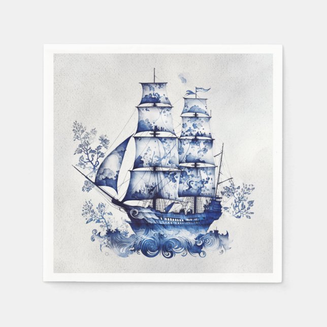 Blue and white Delft style sailing ship in the sea Napkin (Front)
