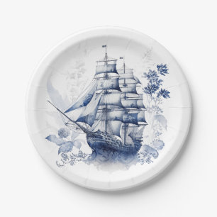 Blue and white Delft style sailing ship in the sea Paper Plate