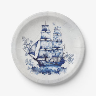 Blue and white Delft style sailing ship in the sea Paper Plate