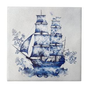 Blue and white Delft style sailing ship in the sea Tile