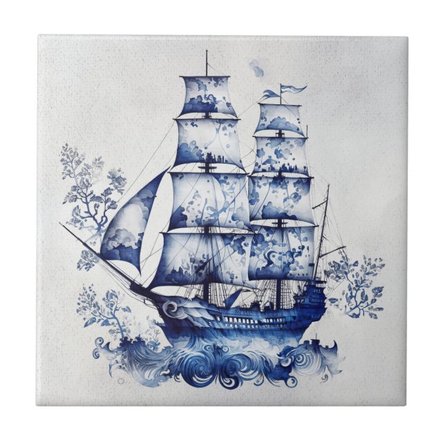 Blue and white Delft style sailing ship in the sea Tile (Front)