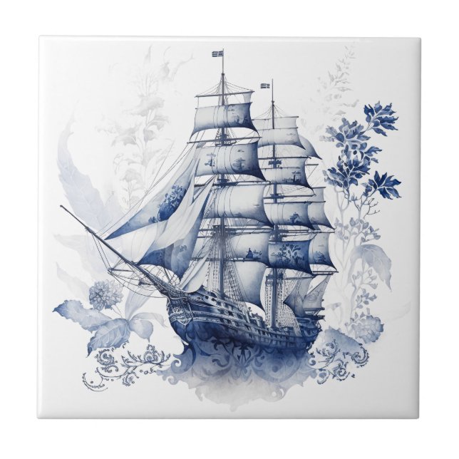 Blue and white Delft style sailing ship in the sea Tile (Front)