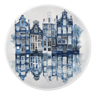 Blue and white Delft style traditional houses Ceramic Knob