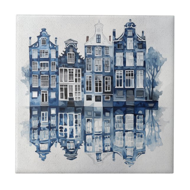 Blue and white Delft style traditional houses Tile (Front)