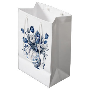 Blue and white Delft style tulip bouquet design Medium Gift Bag