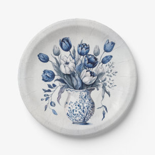 Blue and white Delft style tulip bouquet design Paper Plate