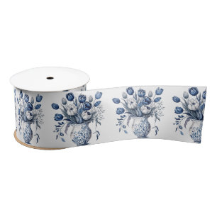 Blue and white Delft style tulip bouquet design Satin Ribbon