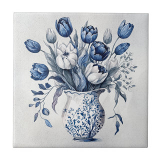Blue and white Delft style tulip bouquet design Tile