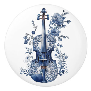 Blue and white Delft style violin with flowers Ceramic Knob