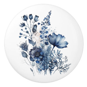 Blue and white Delft style wildflowers bouquet Ceramic Knob