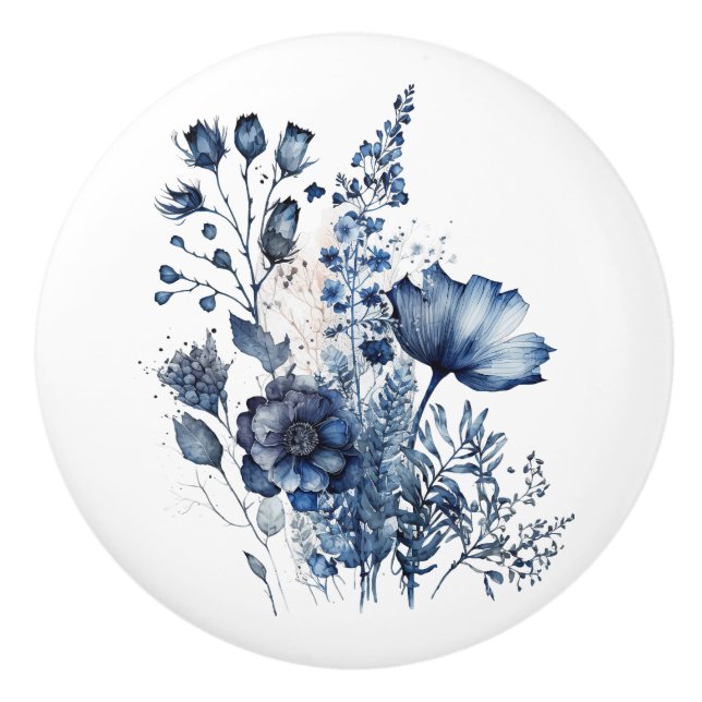 Blue and white Delft style wildflowers bouquet  Ceramic Knob (Front)