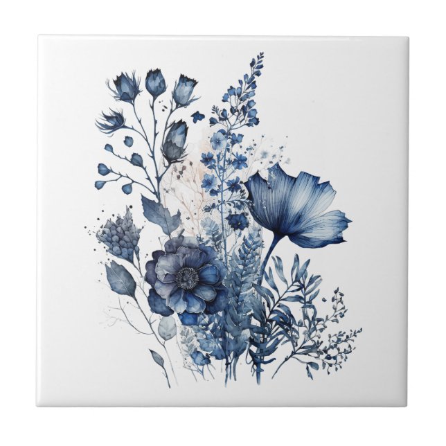 Blue and white Delft style wildflowers bouquet  Tile (Front)