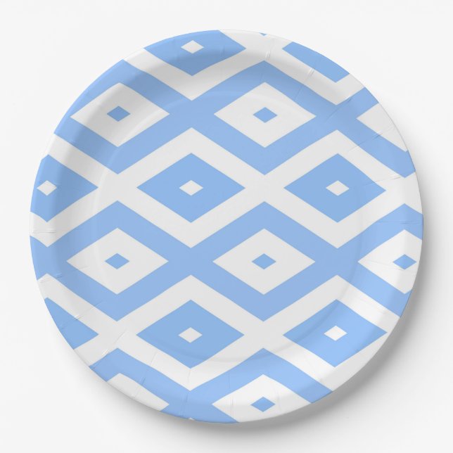Blue and white diamond pattern paper plate (Front)