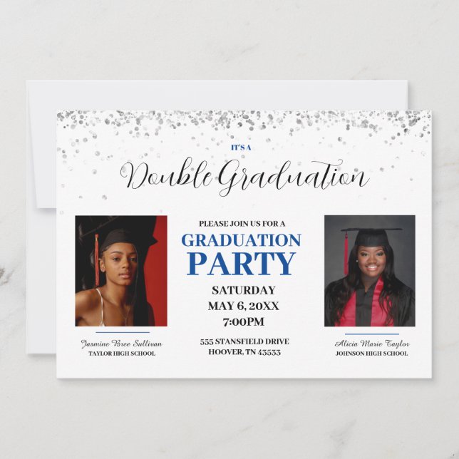 Blue and White Double Graduation Invitation (Front)