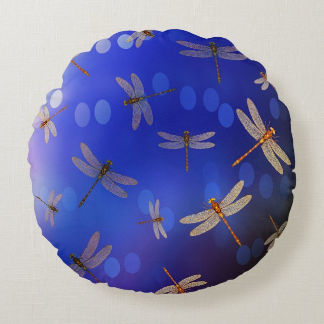 Blue And White Dragon Fly Pattern, Round Pillow (Front)