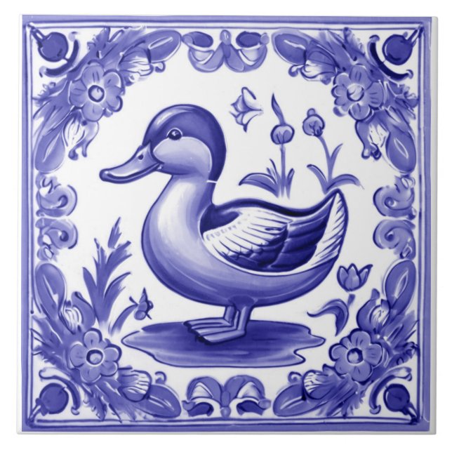 Blue and White Duck European Folk Animal Art Tile (Front)