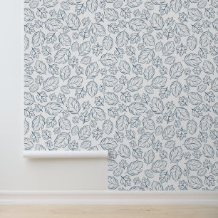 Blue and White Elegant Leaf Pattern Wallpaper