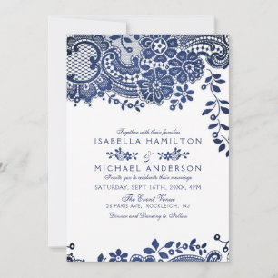 Blue and white elegant vintage lace wedding invitation