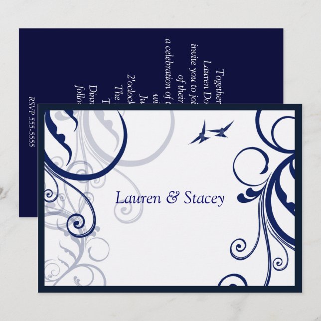 Blue and White,  Elegant Wedding Invitation (Front/Back)