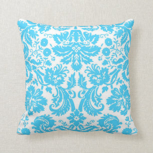 Blue and White Fancy Damask Patterned Throw Pillow
