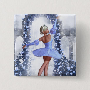 Blue and white fantasy ballerina with rose flowers 2 inch square button