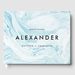 Blue and White Faux Marble Modern Wedding Photo Guest Book