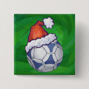 Blue and White Festive Soccer Ball on Green 2 Inch Square Button