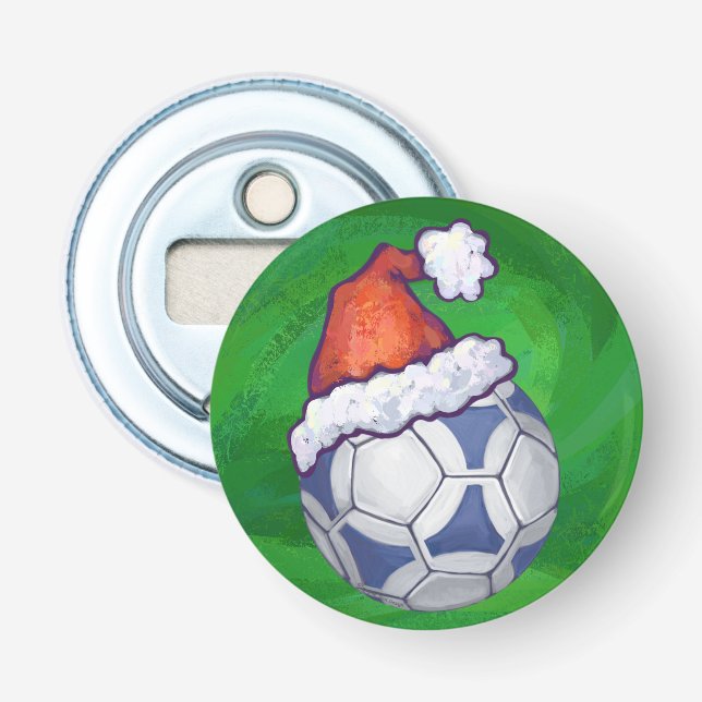 Blue and White Festive Soccer Ball on Green Bottle Opener (Front)