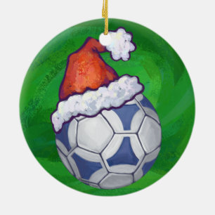 Blue and White Festive Soccer Ball on Green Ceramic Ornament