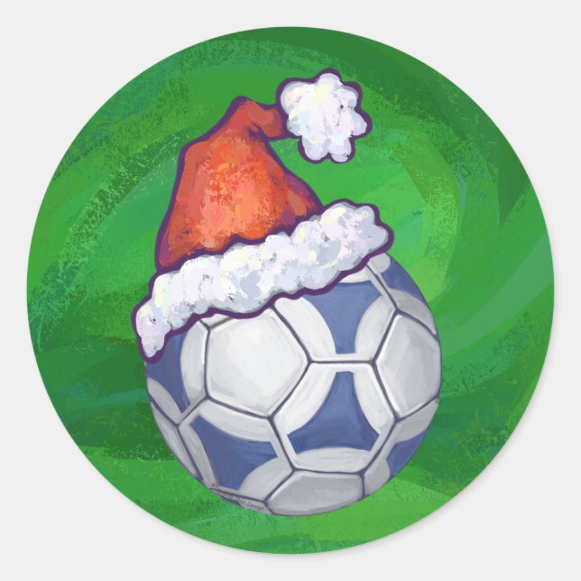 Blue and White Festive Soccer Ball on Green Classic Round Sticker (Front)
