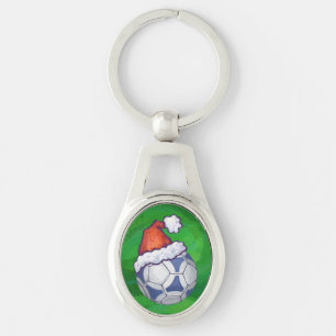 Blue and White Festive Soccer Ball on Green Keychain